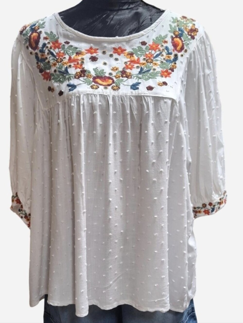 Solitaire White Floral Embroidered Swiss Dot Boho Peasant Blouse XL